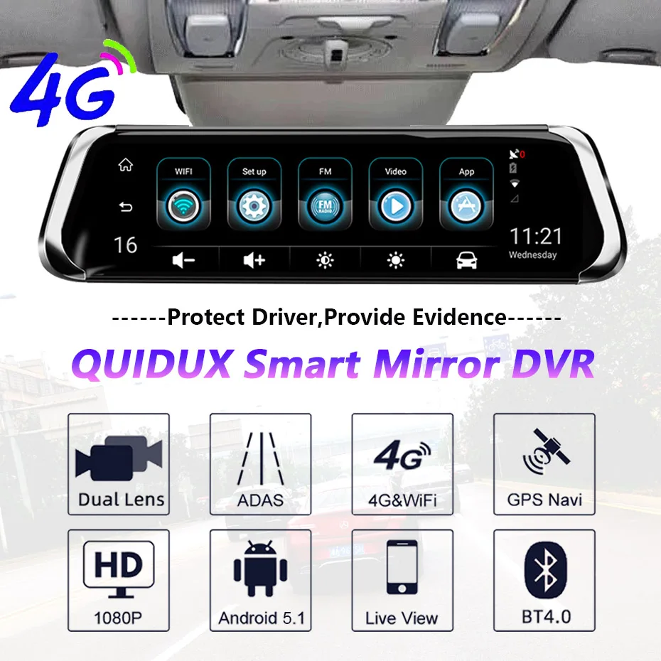 QUIDUX 1" 4G Автомобильное зеркало заднего вида DVR Android 5,1 WiFi ADAS gps FHD 1080P видео рекордер видеорегистратор авто регистратор автомобильная камера