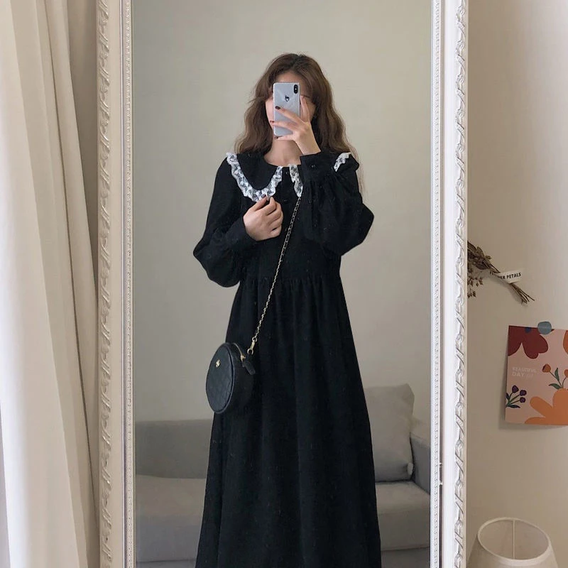 

French Vintage Peter Pan Collar Women Clothes Preppy Style Tunic Midi Dress Spliced Lace Causal Elegant Lady Outfit Black Yellow