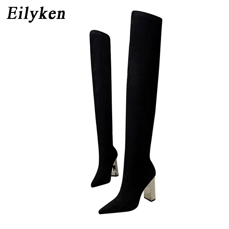 Eilyken/женские черные сапоги выше колена из эластичной ткани; обувь на квадратном металлическом каблуке; пикантные женские мотоботы с острым носком