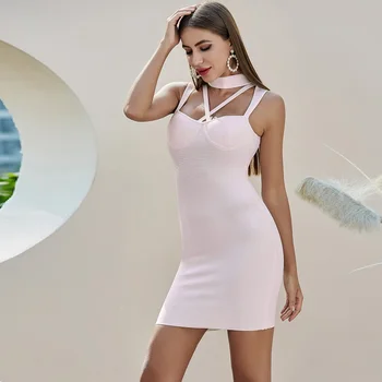 

Latest Fashion Strong Stretch Bandage Pink Short Party Dress With Choker Design Mature Sexy Outfit Wholesale Online