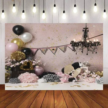 

Mehofond Photography background Pink Flower Balloon Cake Smash Birthday Party Decoration Photo Studio Backdrops Photo Prop
