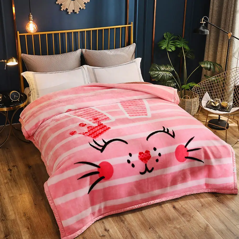 2019 мультфильм розовый кролик полосы двухсторонние зимние толстые рашелевые одеяла Твин Полный Королева размер простыня полиэстер белье