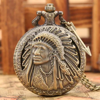 

Indians Chief Theme Quartz Pocket Watch for Men 3D Retro Bronze Old Men Shape Fob Watches for Man Best Gift Drop Shipping