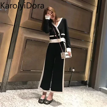 

legant V Neck Long-sleeved Loose Knitted Sweater Crop Top+Wide-leg Ankle-length Pants 2019 Women's Spring Casual Knitting Suits
