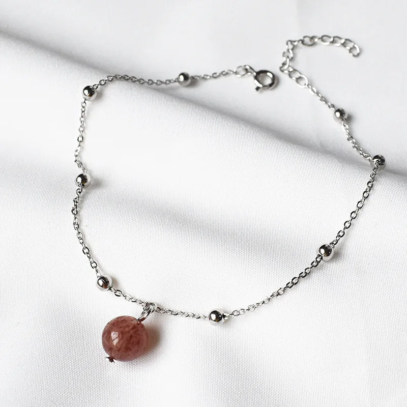 

S925 Sterling Silver Beads Strawberry Crystal Anklet Japanese Korean CHIC Wind Elegant Recruit Peach Blossom Crystal Women's Bea