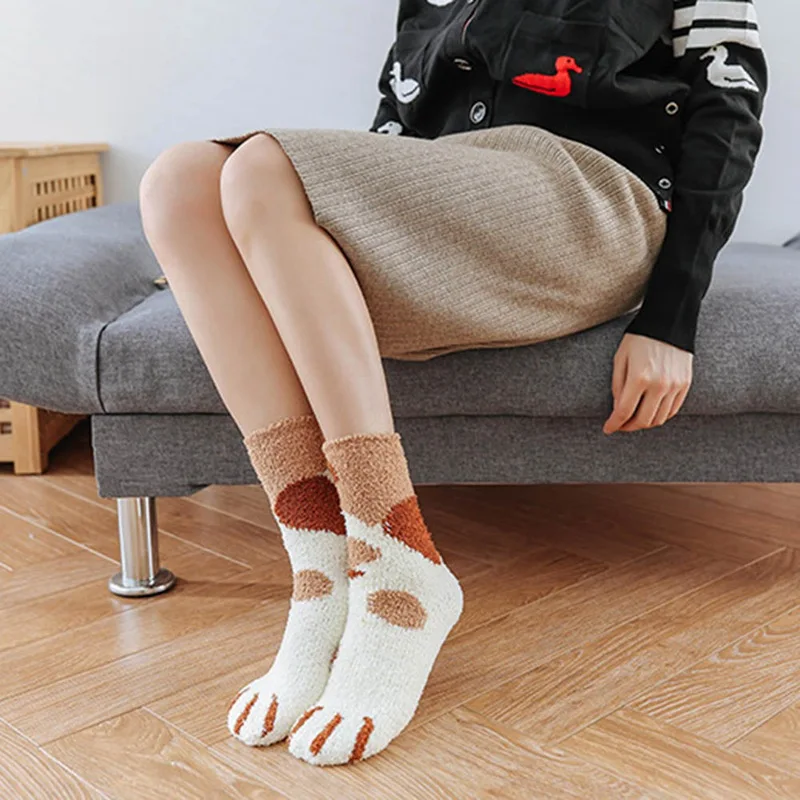 1 пара плюшевых носков из кораллового флиса женские носки без пятки милые толстые теплые носки для сна с когтями для осени и зимы