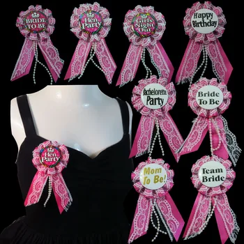 

3pcs Pink lace bagde round brooch fabric ribbon decoration wedding event Bride to be button baby shower mom to be happy birthday