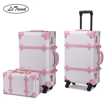 

LeTrend Retro PU Leather Rolling Luggage Set Spinner Women Password Trolley Suitcase Wheels 20 inch Cute Korean Carry On Trunk