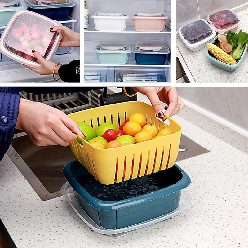

Kitchen Plastic Storage Box Seal Fresh-Keeping Box Refrigerator Fruit Vegetable Drain Crisper Kitchen Storage Container With Lid