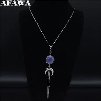 

Purple Opal Stainless Steel Necklace Women Silver Color Witchcraft Moon Tassel Long Statement Necklace Jewelry gargantilha 20313