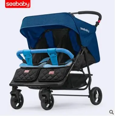 Blue Складная коляска для близнецов, может сидеть и лежать, коляска для Близнецов с четырьмя колесами, поглощающая, переносная детская коляска для близнецов - Color: Blue