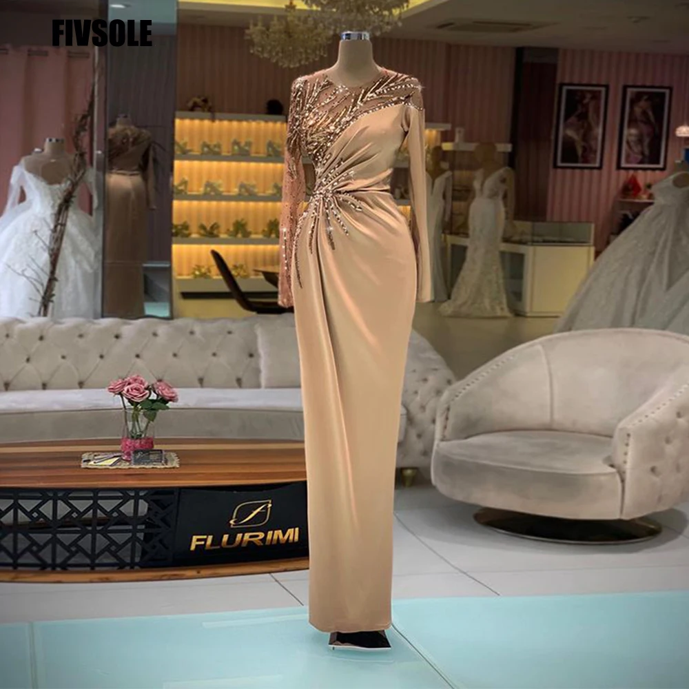 

Платье женское вечернее с длинным рукавом, мусульманское платье для выпускного вечера, с бусинами, темно-цвета шампанского, элегантное Формальное с юбкой-годе, для подружки невесты
