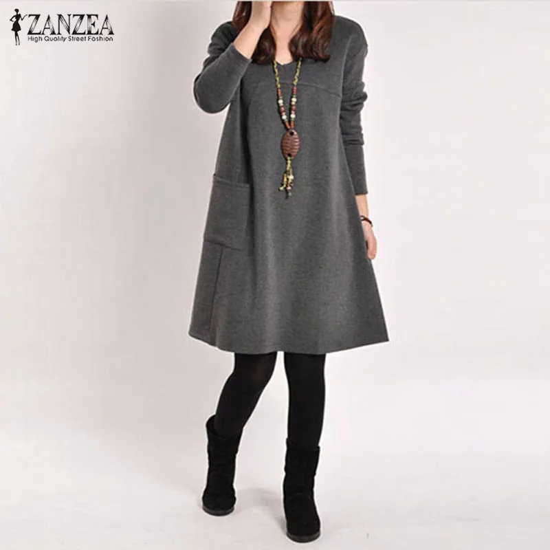 Платье Zanzea женское с длинным рукавом и карманами однотонное повседневное