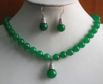 

8mm green jade necklace+l hook earring pendant necklace set
