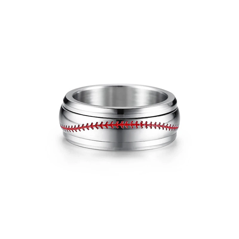Anillos giratorios deportivos de béisbol, grabado gratis, 8mm, Stiching Rojo, en acero inoxidable|Anillos| AliExpress