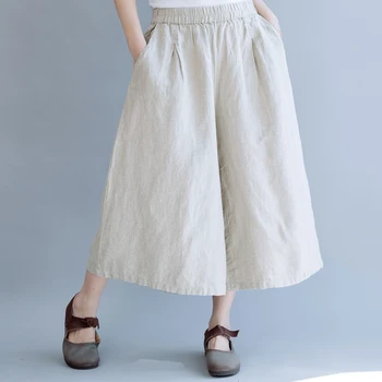 

Women New Autumn Wide Leg Crop Calf-Length Pants Casual Loose High Waist solid Linen Trousers casual pants female trousers