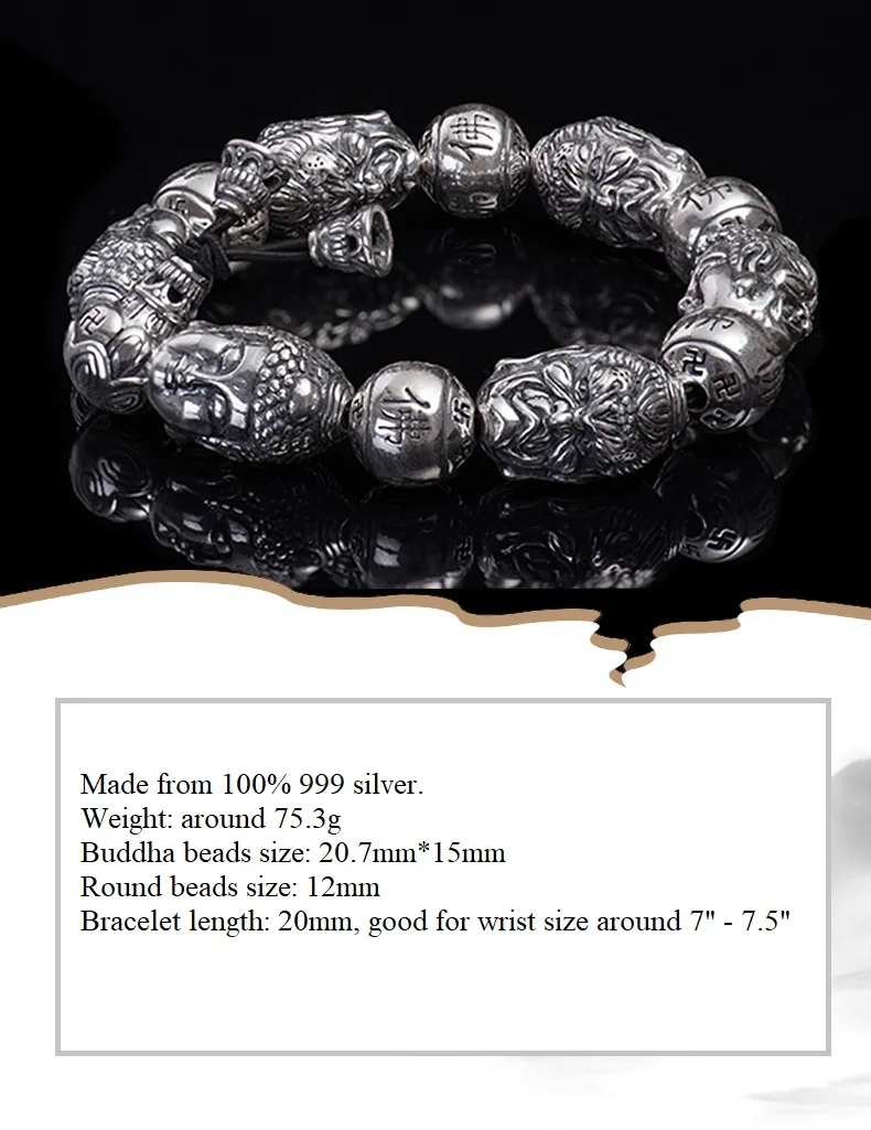 New Solid 999 Sterling Silver Bracelet 12mm Round Taiji Beads Bracelet 