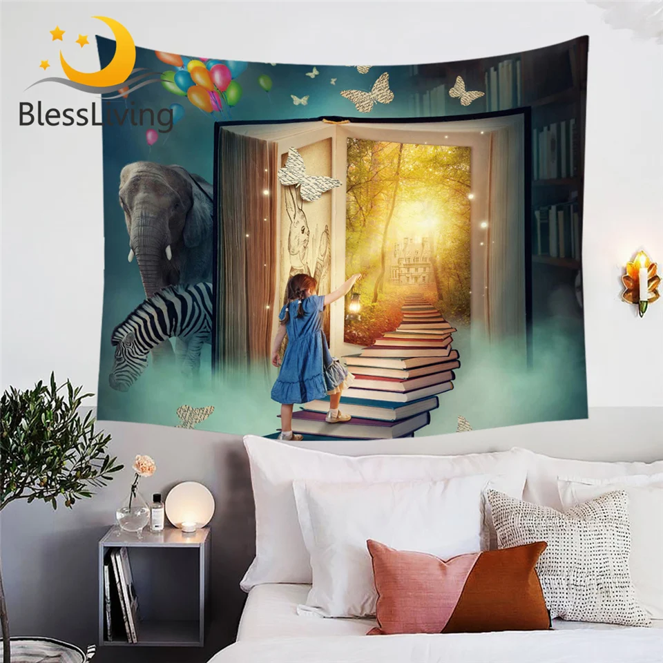 

BlessLiving Little Girl Tapestry Books Ladder Wall Carpet for Kids Rabbit Bedspreads Fairy Tale World Castle Wall Hanging Tapiz