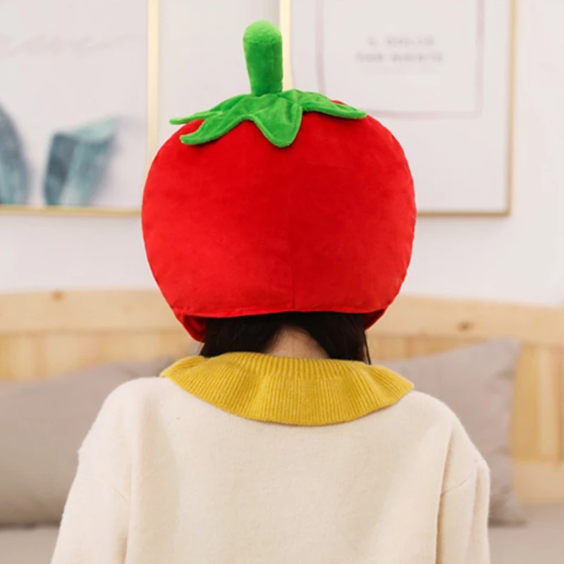 Lovely Tomato Shape Plush Hat Funny Fruit Stuffed Toys Headgear Warm Earflap Cap Performance Cosplay Party Photo Props 4
