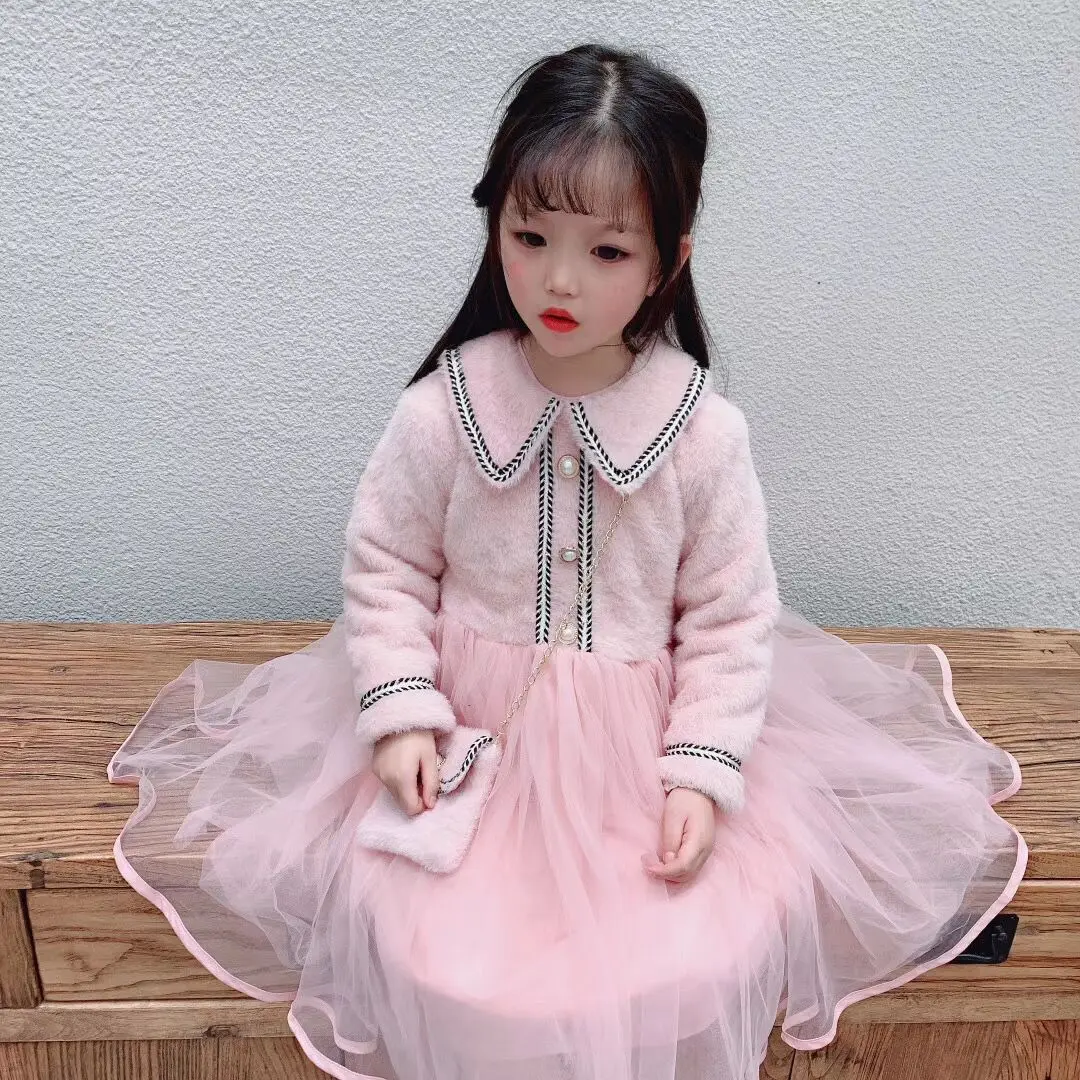 Платье для девочек с бархатом; коллекция года; детская одежда; Новинка; детское платье из норкового бархата с вышивкой в сеточку; плотная сумка