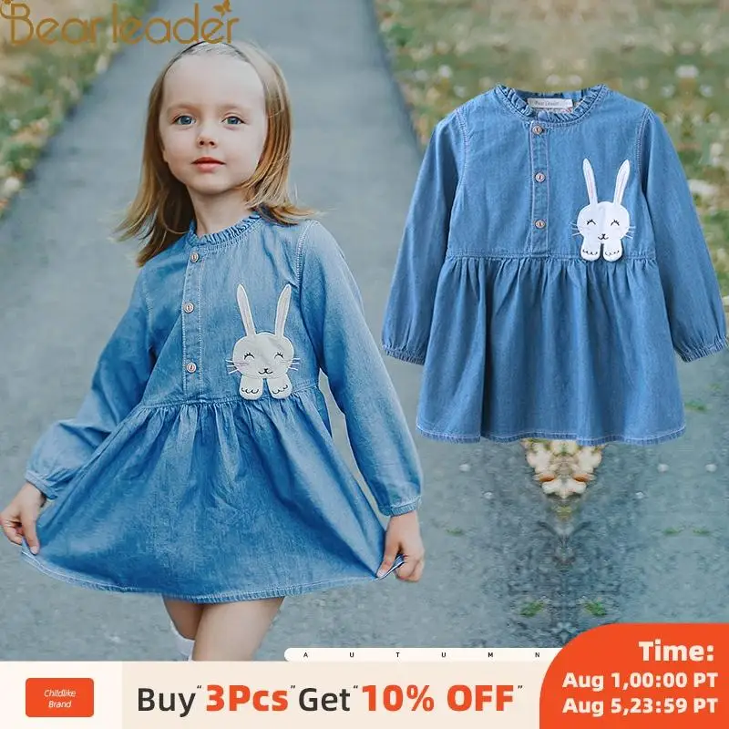 Bear Leader Girls Dress 2020 New Spring Casual Style Denim Dresses Long Sleeve Rabbit Patch Design For Children Clothing | Детская