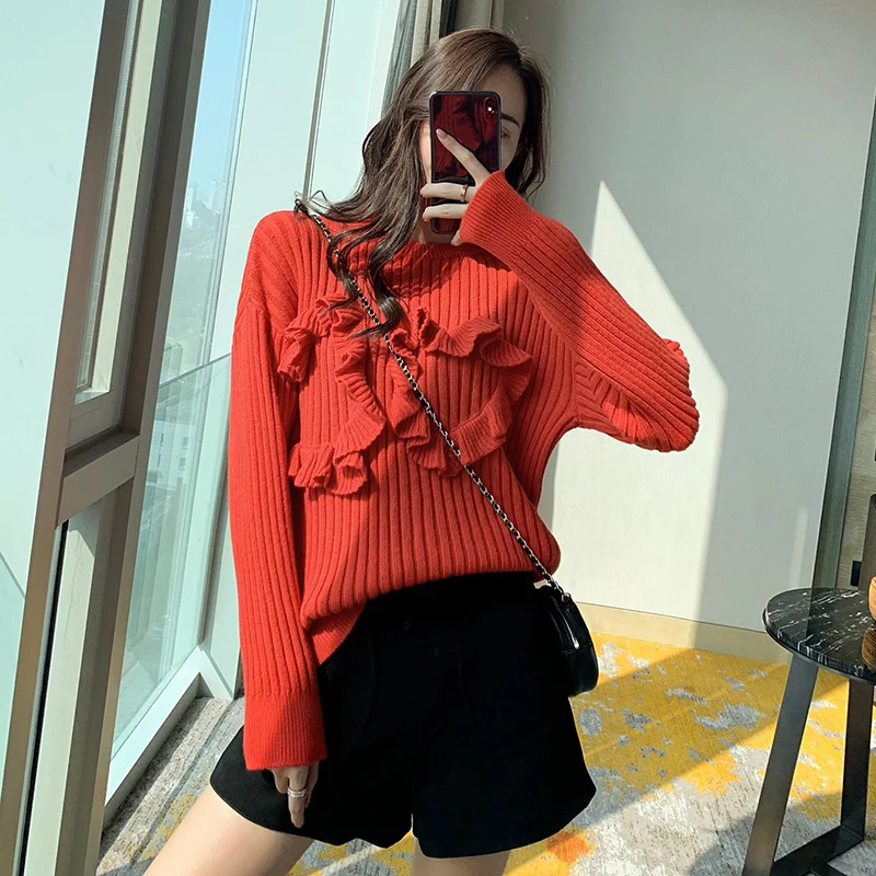 TWOTWINSTYLE Casual Red Striped Knitting Sweaters For Women O Neck Long Sleeve Autumn Pullovers Female Fashion Clothing New
