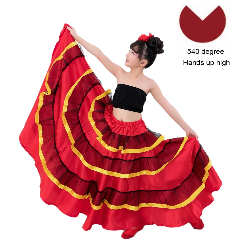 Цыганский стиль принцесса девушки танец живота костюмы испанская традиционная юбка в стиле фламенко атласная гладкая плюс размер Пышная юбка платье - Цвет: Color3 540degree