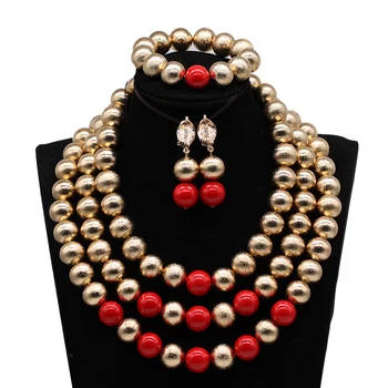

New 3 Layers Dubai Golden Beads Wedding Jewelry Set African Beads Bib Bride Jewelry Set Necklace Bracelet Earrings Set HXO2401