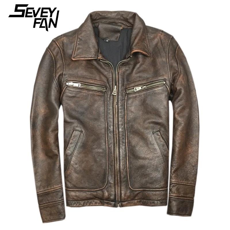 

2019 Vintage Men's Genuine Leather Motorcycle Jacket Plus Size 5XL Genuine Cowhide Biker Coat for Male