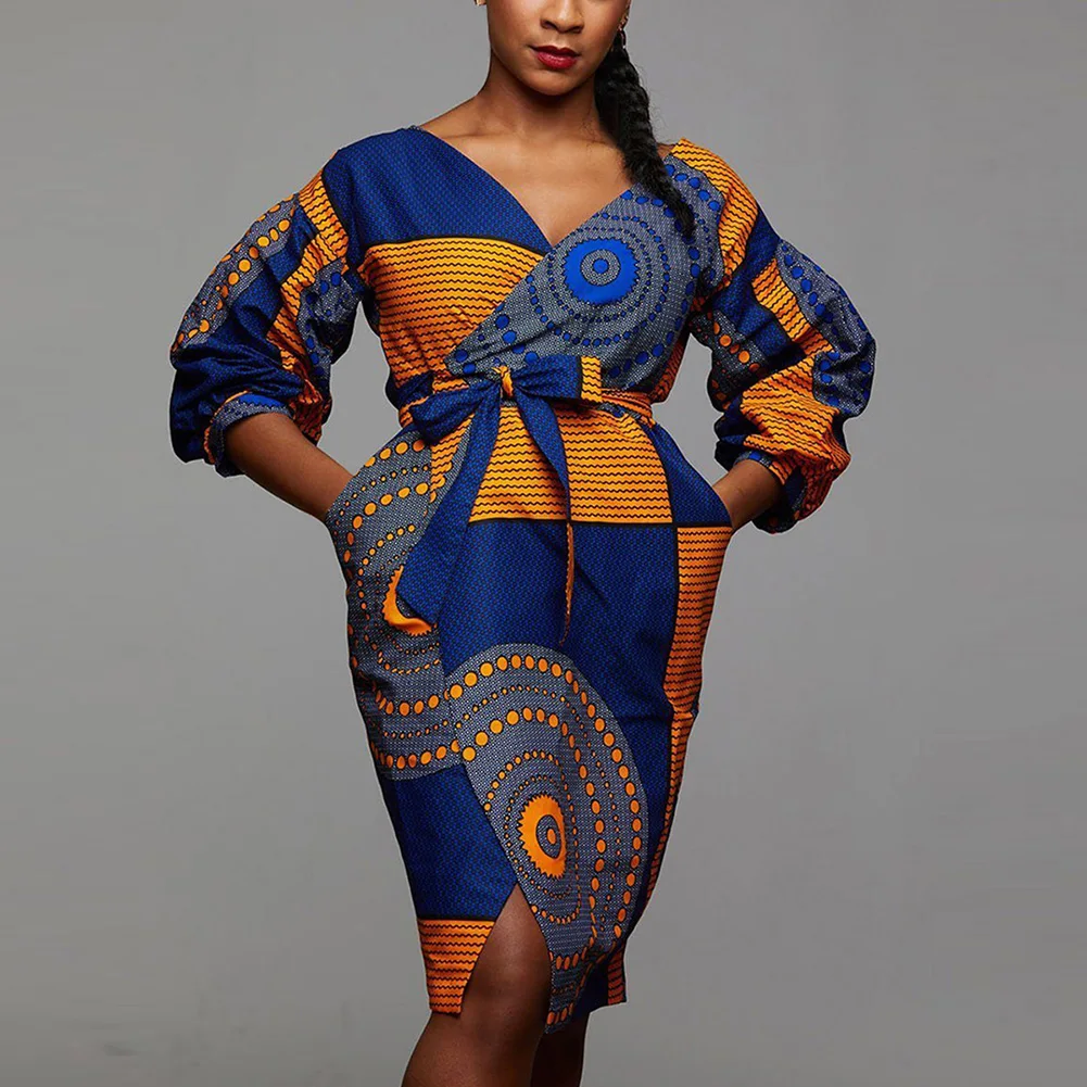 2019 африканская одежда для женщин платье Дашики с рукавами фонариками