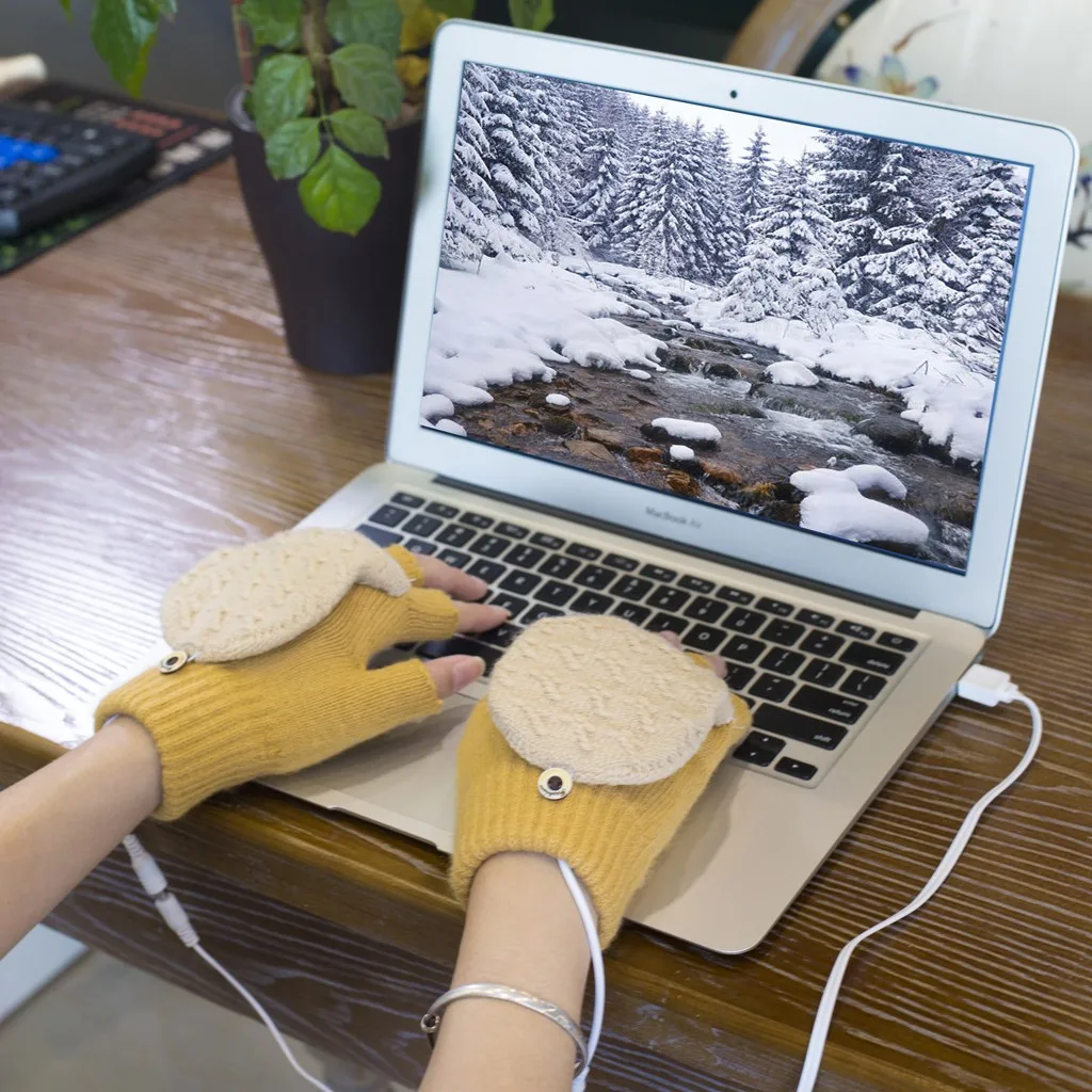Winter USB Heated Gloves Women Half Finger Knitted Wool Warm Gloves Mittens Patchwork Female Ski Gloves Mittens