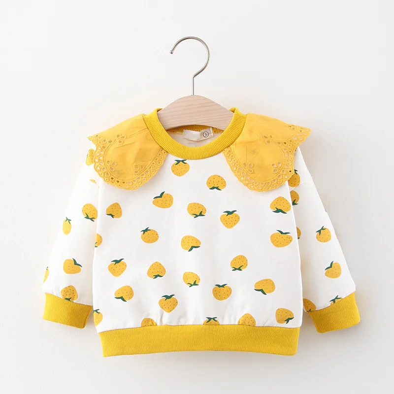 Girls Spring long Sleeve Princess Sweatshirts Baby Kid Cute Strawberry Pattern Outfit Winter Floral Lapel Clothes For 1-3T Child