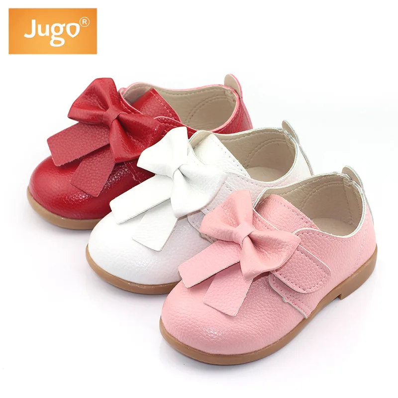 

Girls Bow PU Leather Shoes Spring And Autumn New Style Rubber Sole Anti-slip Velcro Young Children Shoes Solid Color