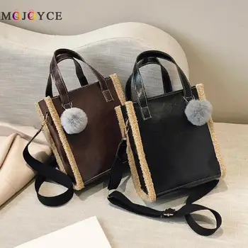 

Casual Durable Fleece Splicing Shoulder Bags Fur Ball Ornaments Messenger Top-handle Bag Fashion PU Leather Crossbody Bags