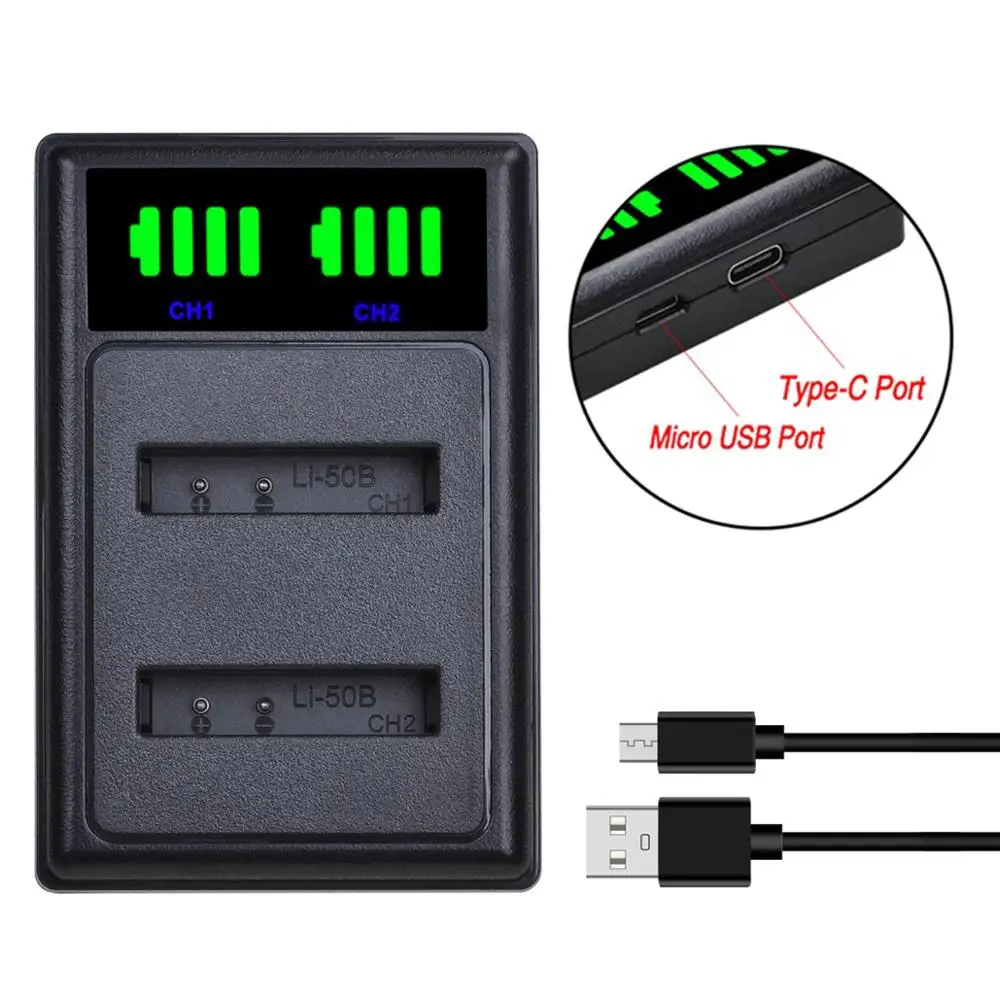 

Li-50B D-LI92 Li 50B D LI92 Li50B LED Dual Battery Charger with Type C for Olympus SZ-15,SZ-16iHS,SP-800UZ,TG-630iHS,TG-820 iHS