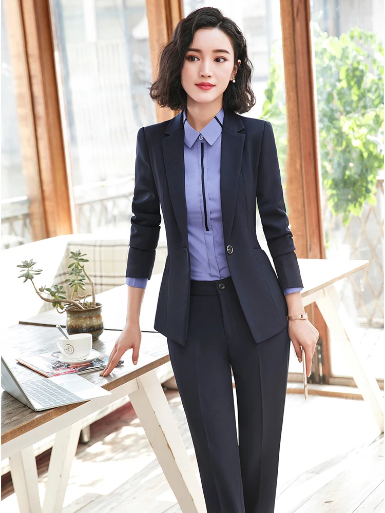 Red Black Blue Women Formal Blazer and Pant Suit With Slanted Pockets Single Button Jackets Two Pieces Set For Office Ladies