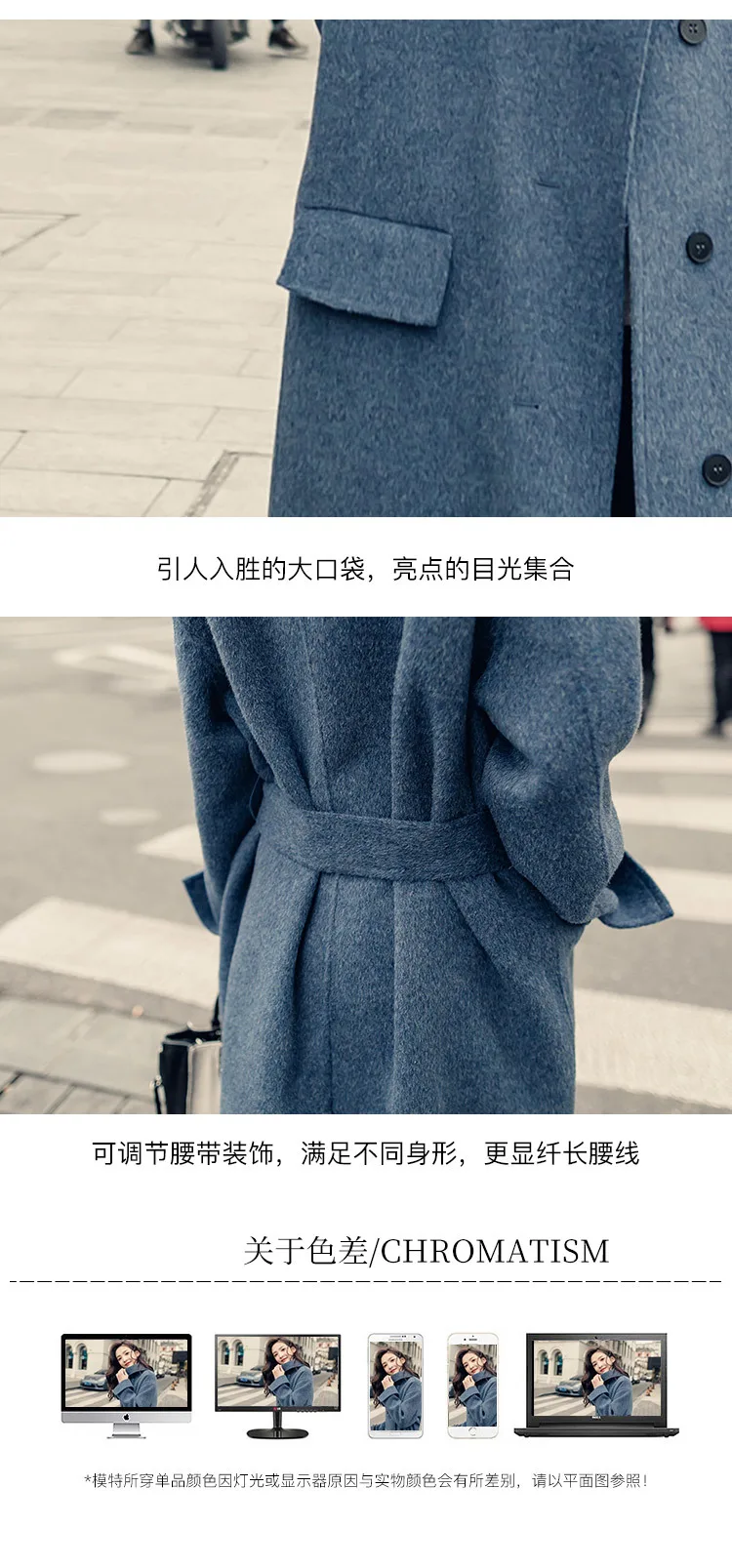 XUXI осенне-зимнее шерстяное Женское пальто с отворотами для девочек с длинными рукавами, г. Дымчатое синее двустороннее кашемировое свободное шерстяное пальто FZ0132
