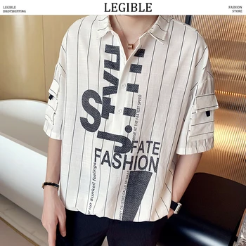 

LEGIBLE 2020 Japanese Streetwear Shirts Men Striped Short Sleeve Shirts Summer Harajuku Loose Hawaiian Korean Shirt Men Oversize