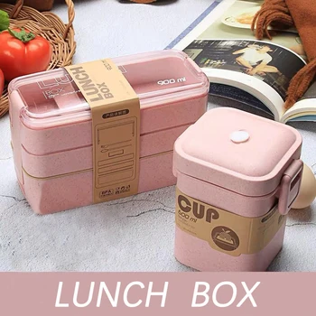 

900ml Portable Bento Lunch Box 3 Layer Wheat Straw Bento Boxes Microwave Dinnerware Food Storage Container Kids Foodbox Lunchbox