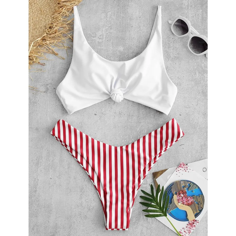 Swimsuit Scoop Neck Striped Swimwear Knot Bow Fringe Summer Beachwear Bathing Suit Push Up Biquini