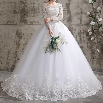 

Luxury Long Tail Satin White Bling Ball Gown Wedding Dresses Autumn 2020 New Sexy Bridal Wedding Gowns With Sleeves