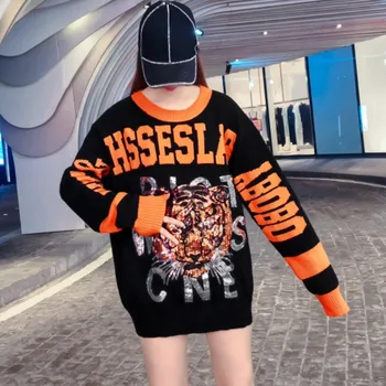 

Thailand Tide brand autumn and winter 2019 heavy work cartoon sequin tiger head sweater sweater female round neck long sleeve