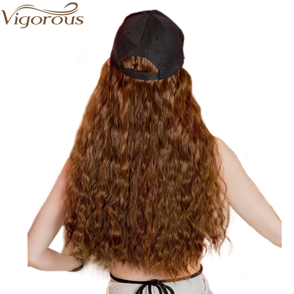 

Vigorous New Baseball Cap with Water Wave Hair Extensions Black Cap with Long Synthetic Hair Extensions for Girls Easy to Wear