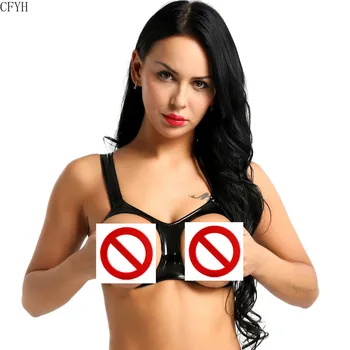 

Womens Sexy Open Cups Bra Erotic Lingerie Wetlook Faux Leather Fetish Bra Cut Erotic Breasts Underwear Open Bra Crop Top
