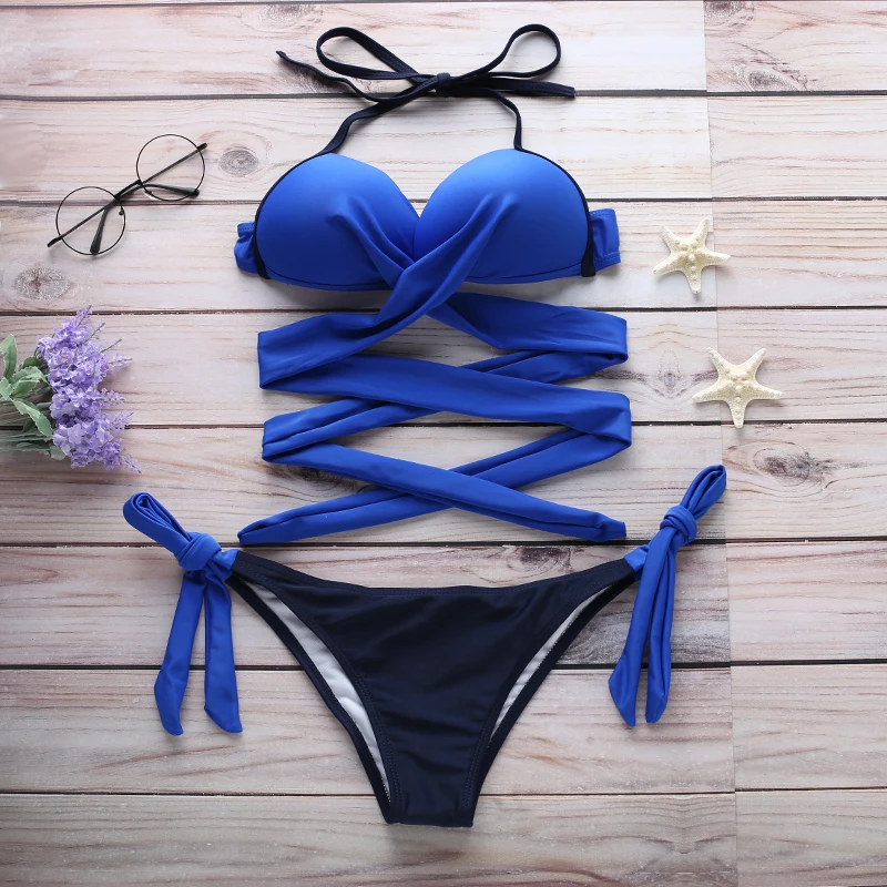 Summer 2021 Sexy Cross Chest Swimsuit Womens Padded Push-up Bra Bikini Set Swimming Suit Swimwear Beachwear Biquini blue bikini set