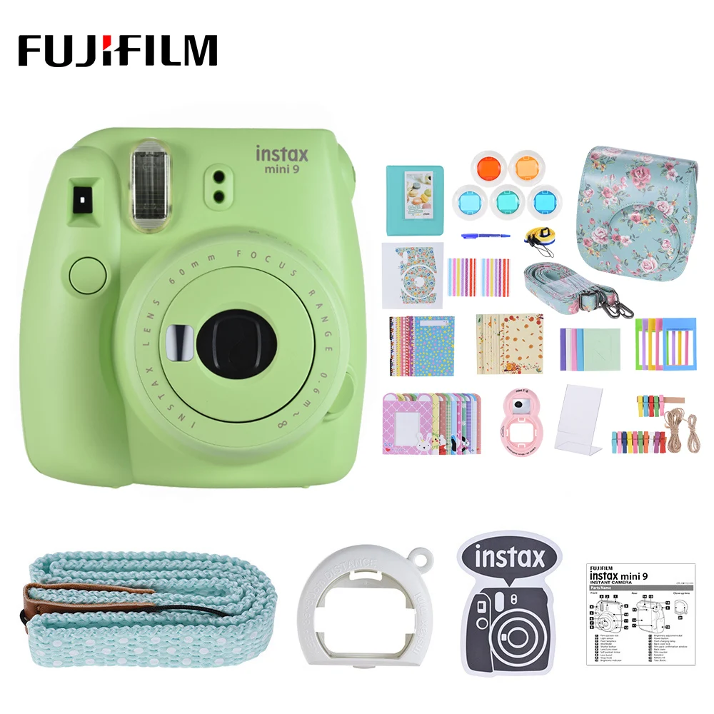 Белая пленка для Fuji Instax Мини 9 Фотоаппарат моментальной печати зеленый пленочная камера с зеркало для селфи+ 20 Вт, 30 Вт/60 мгновенный белую пленку Фотобумага+ Камера сумка