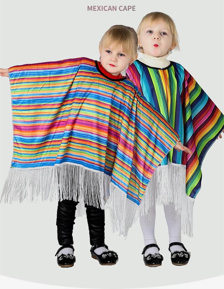 Детский мексиканский плащ в полоску, цвета радуги, одежда для сцены, накидка с кисточками, национальные Вечерние платья на Хэллоуин, пончо, костюмы для косплея