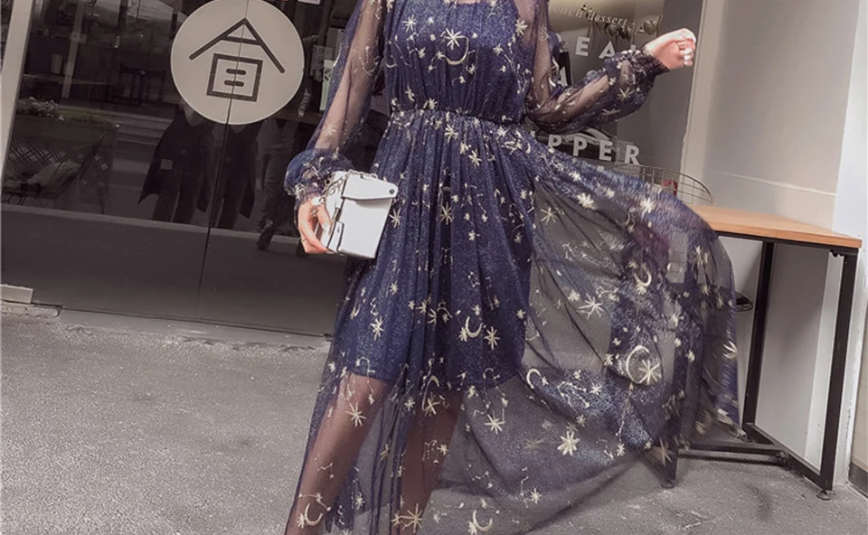 starry layered tulle long dress