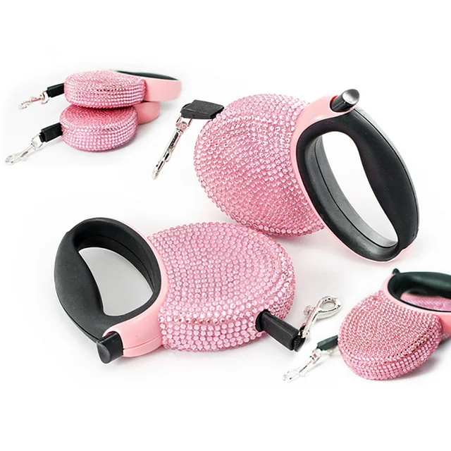 Automatic Retractable Leash for Pet, Blue and Pink Rhinestone, Bling Crystal Dog Leashes for Cat, Flat Line, 3M 2