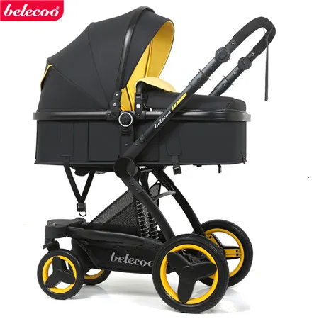 black and yellow Belecoo Роскошная детская коляска 3 в 1, коляска с высоким пейзажем, прогулочная коляска 2 в 1, подходит для отдыха и сидения - Цвет: black and yellow